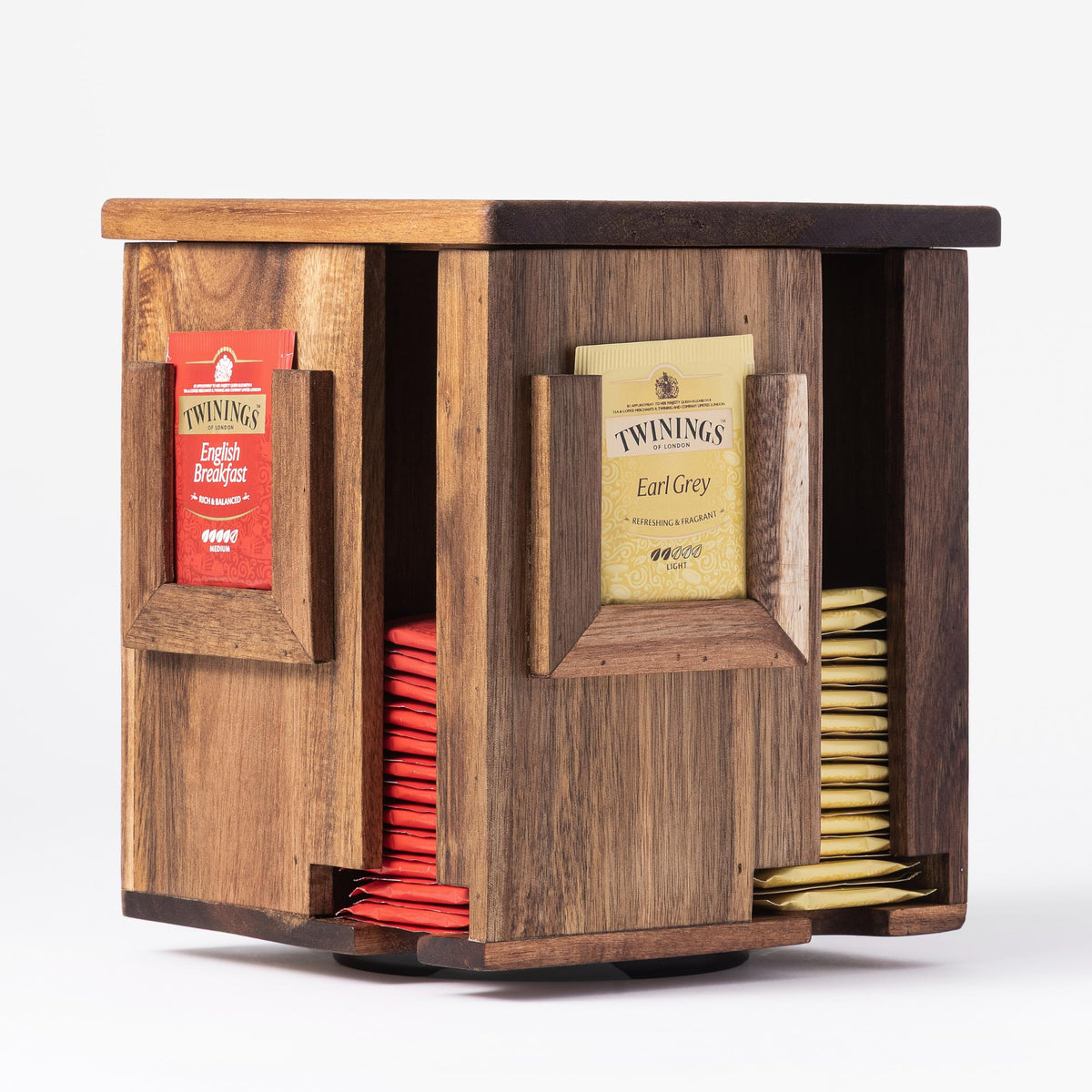 Blissli rotating tea bag organizer with acacia wood on countertop for quick access.