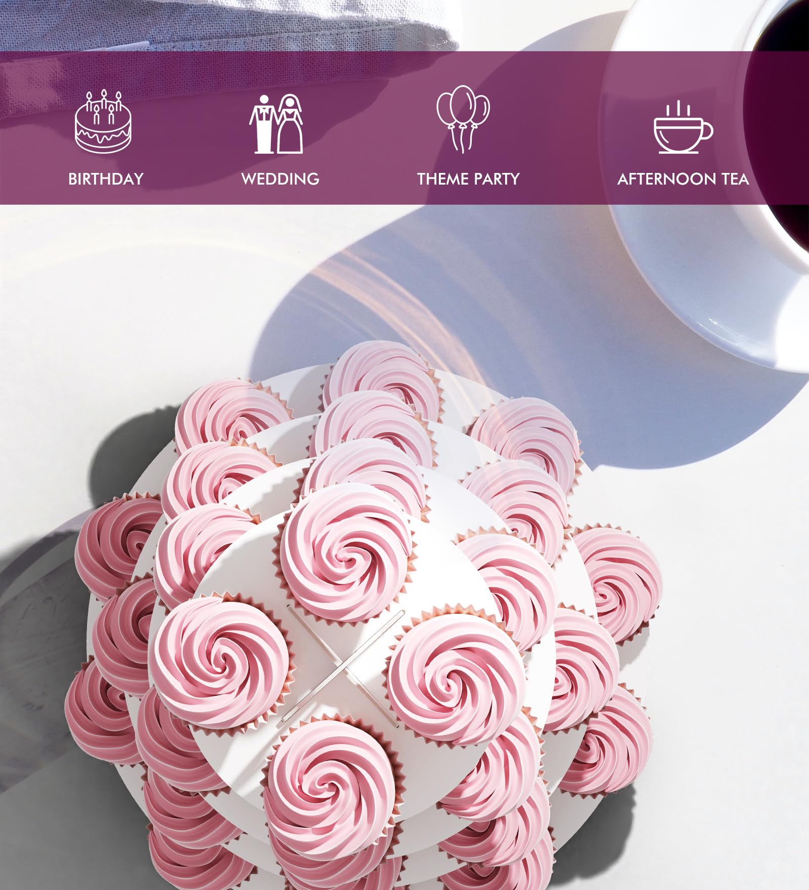Blissur disposable cupcake stand easy to wipe clean and reuse for events.