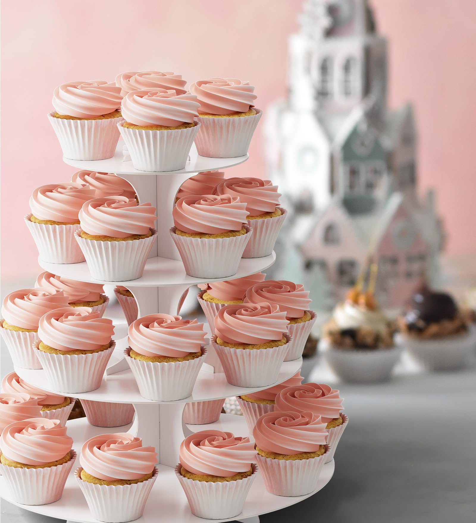 Blissur white cupcake stand displays pastries and bite-sized sweets attractively.