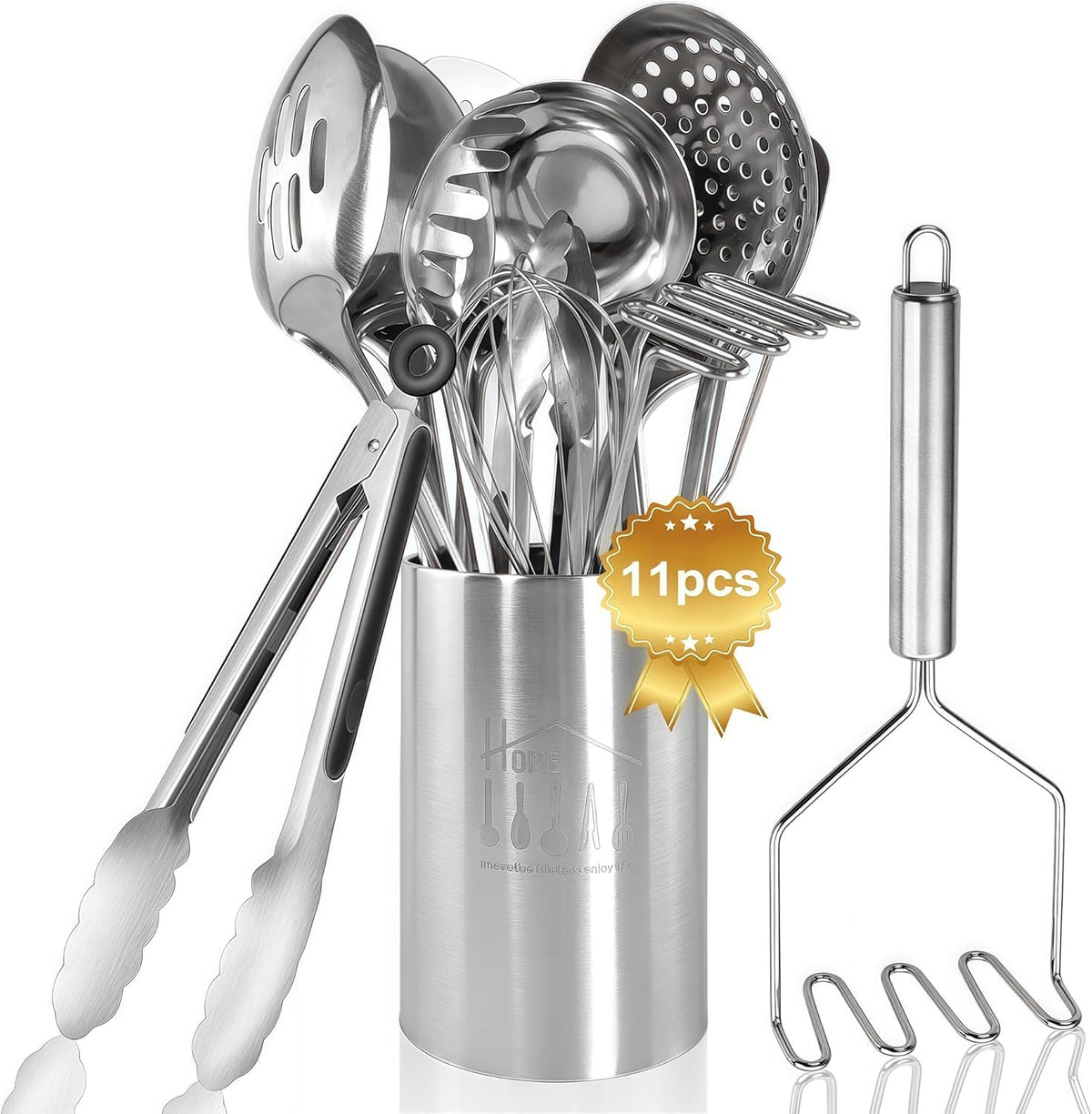 Blithely 11-piece stainless steel utensil set with holder keeps your counter organized.