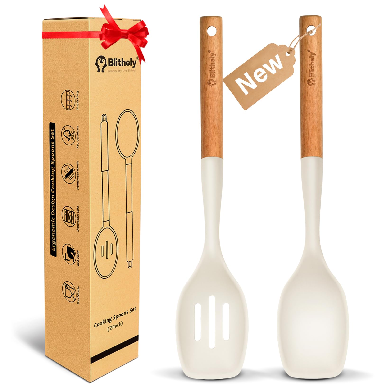 Blithely large silicone spoon set in white for nonstick cooking and serving