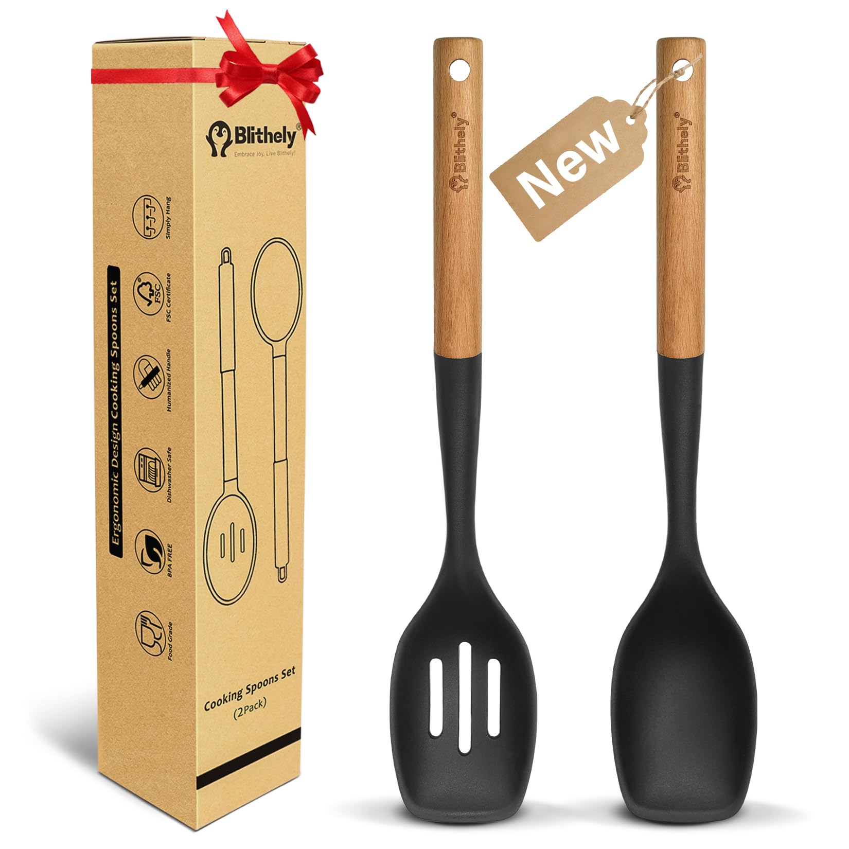 Blithely large spoon set with solid and slotted heads for versatile cooking tasks.