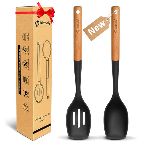 Blithely large spoon set with solid and slotted heads for versatile cooking tasks.