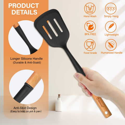 Blithely slotted turner gently flips food while protecting pans