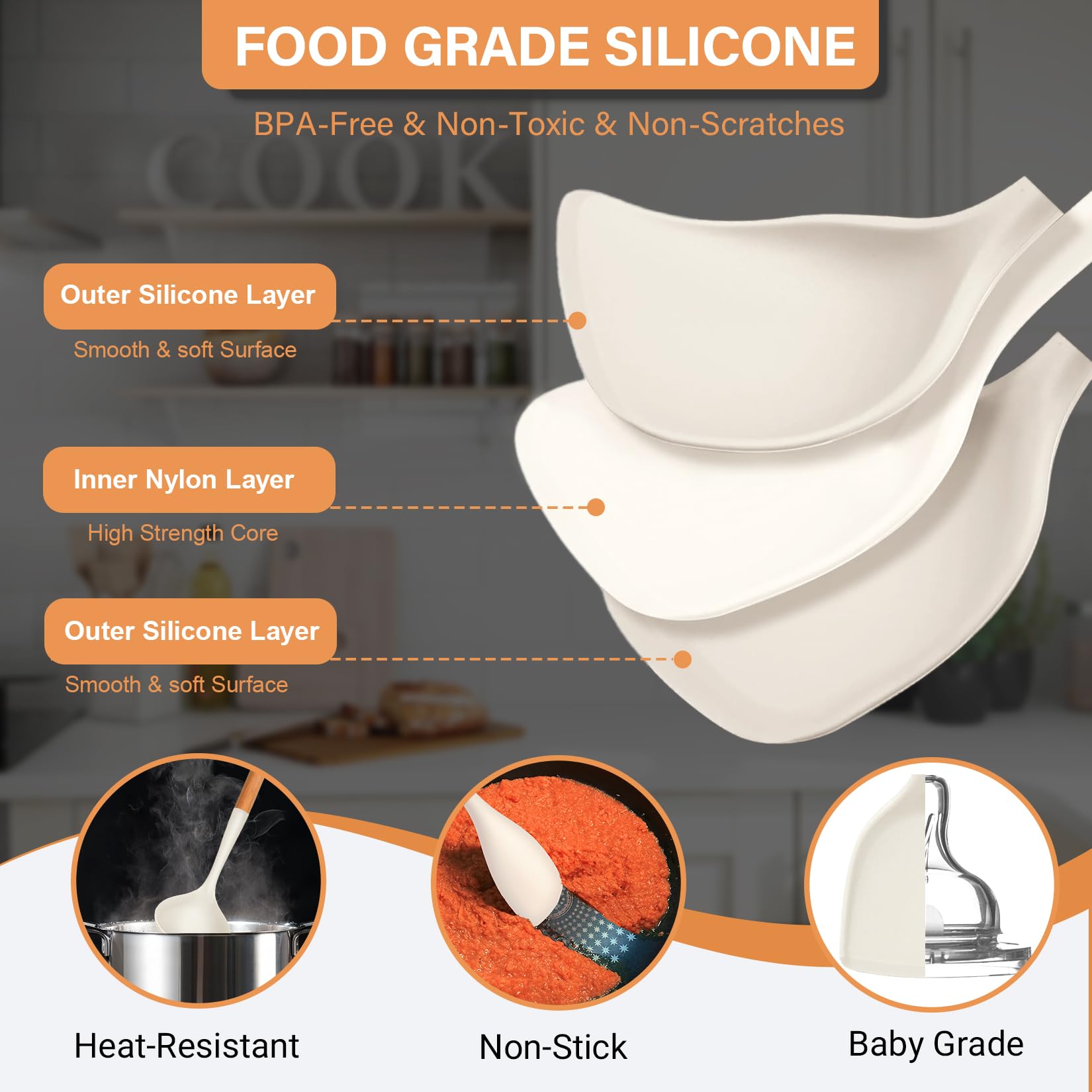 Blithely silicone spatula and solid spoon protect nonstick cookware