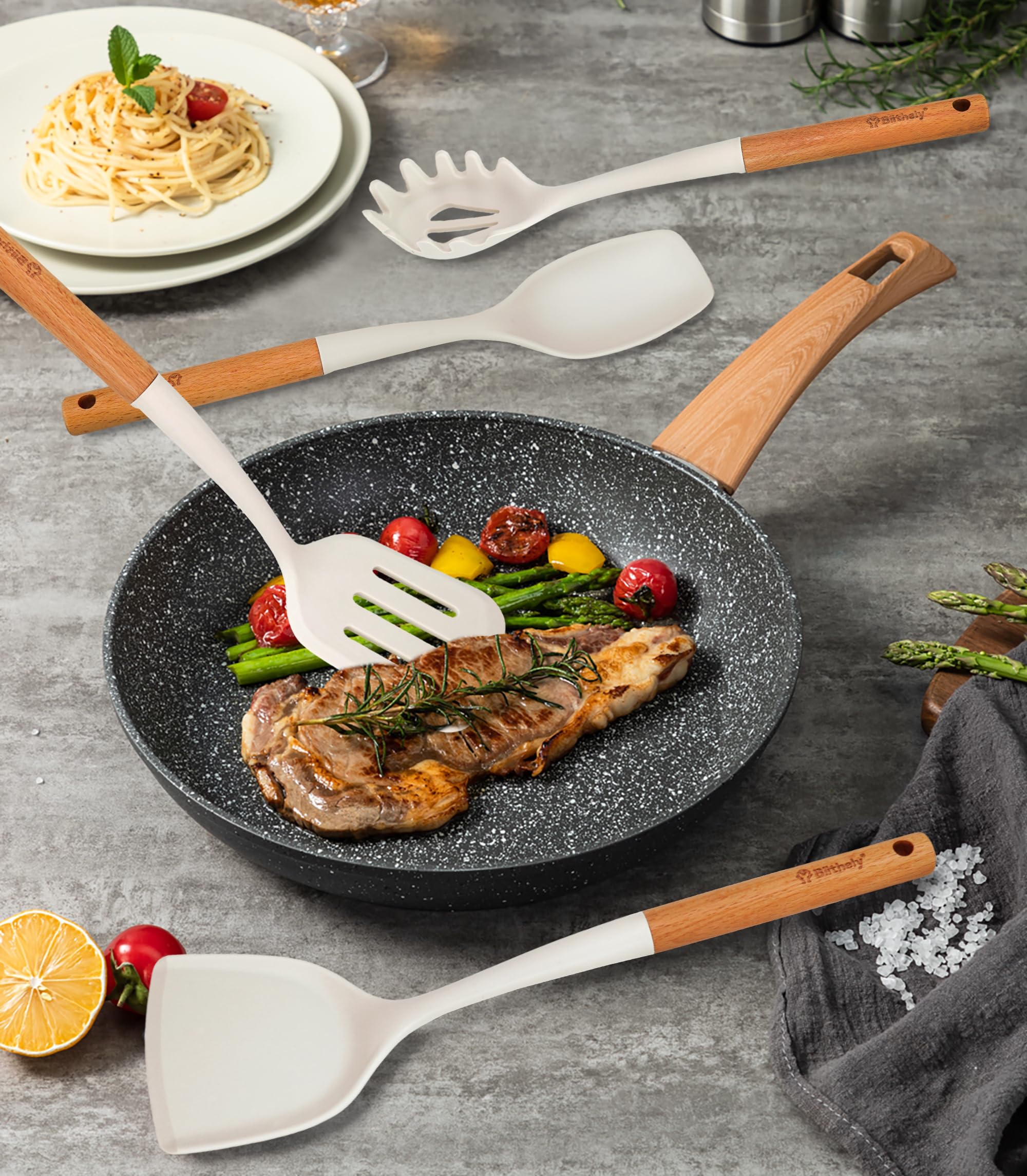 Blithely wooden-handle silicone utensils closeup shows smooth grip