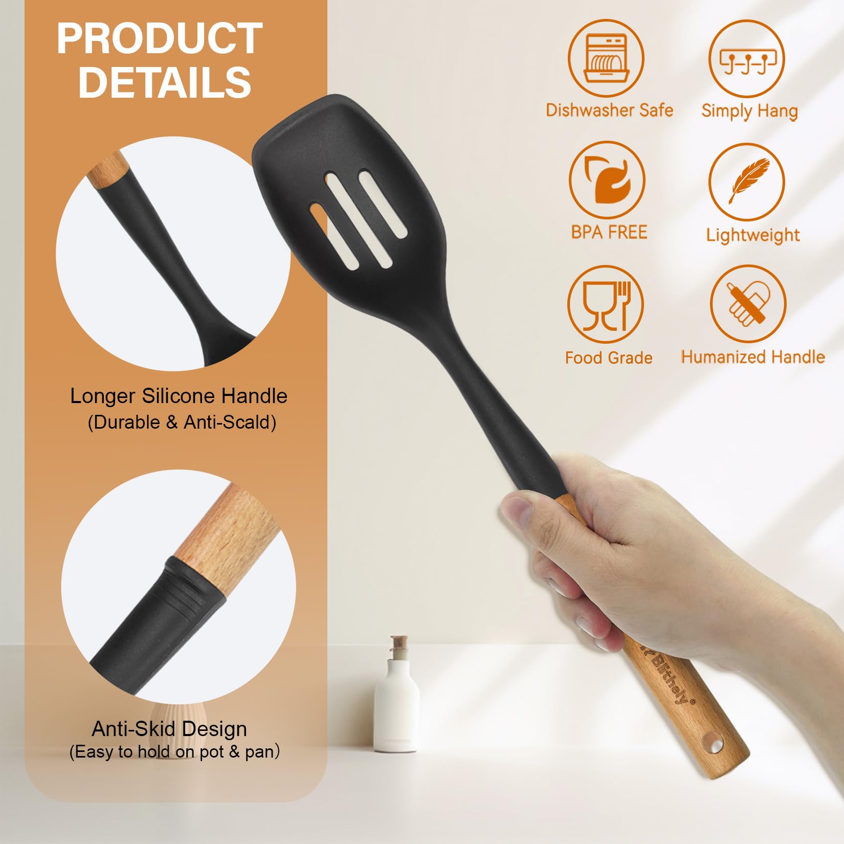 Blithely slotted silicone spoon drains excess broth for healthier meals.