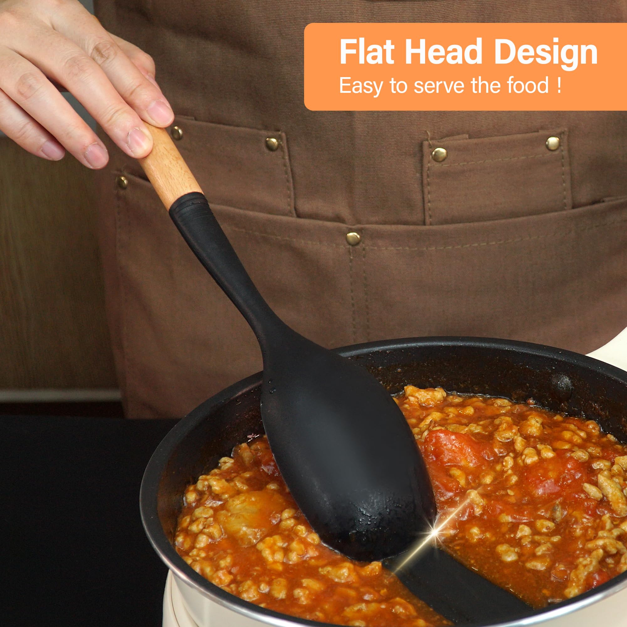 Blithely solid spoon with wooden handle for comfortable gripping during stirring.