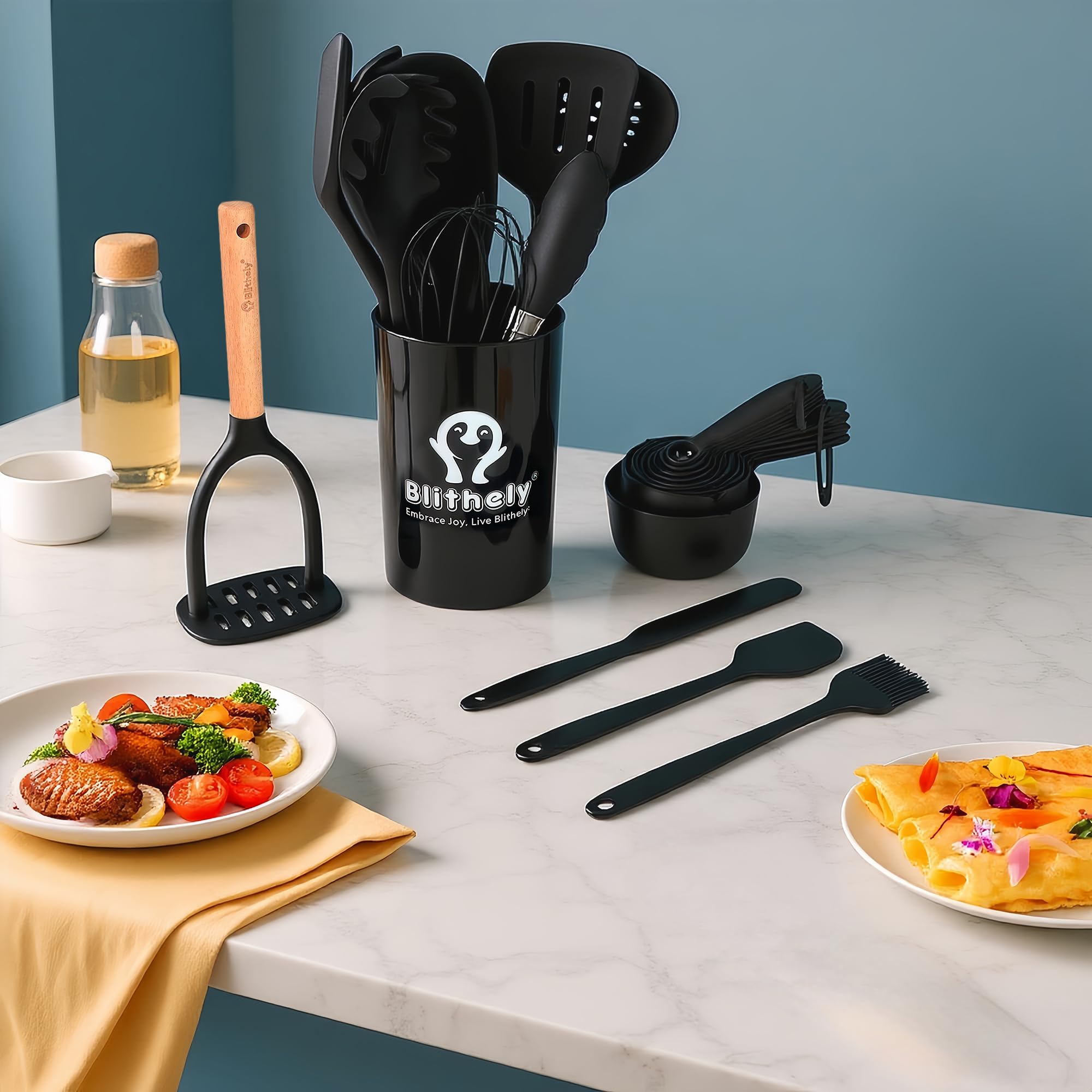 Blithely wooden-handle utensils with a smooth, secure grip.
