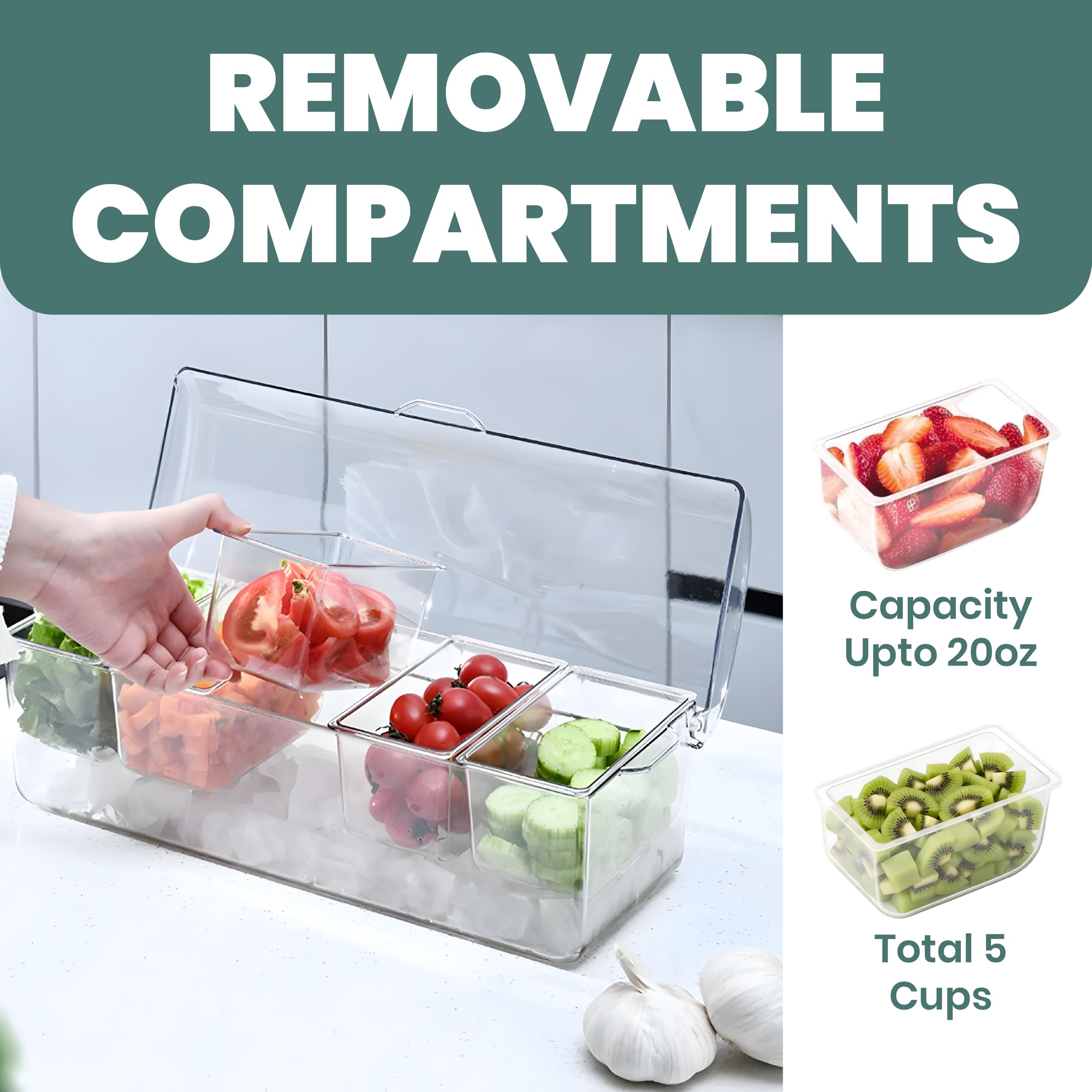 BLIVORRA five removable containers provide flexible organization for fruits, salads, sauces, and garnishes.