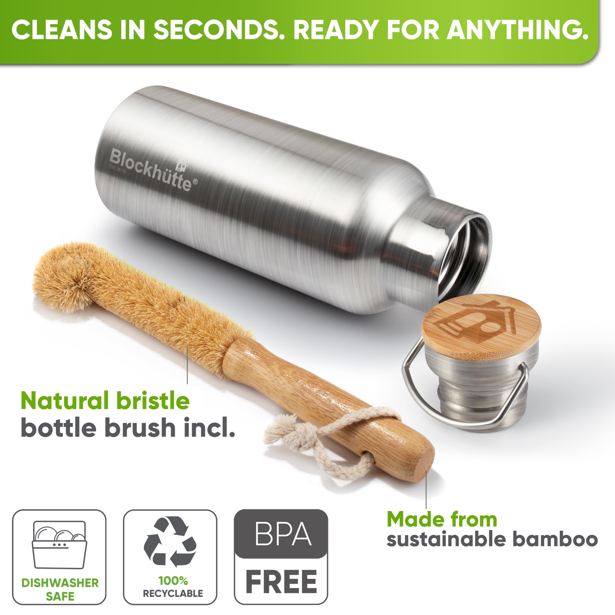 Blockhütte 1L bottle preserves taste with durable, reusable metal construction