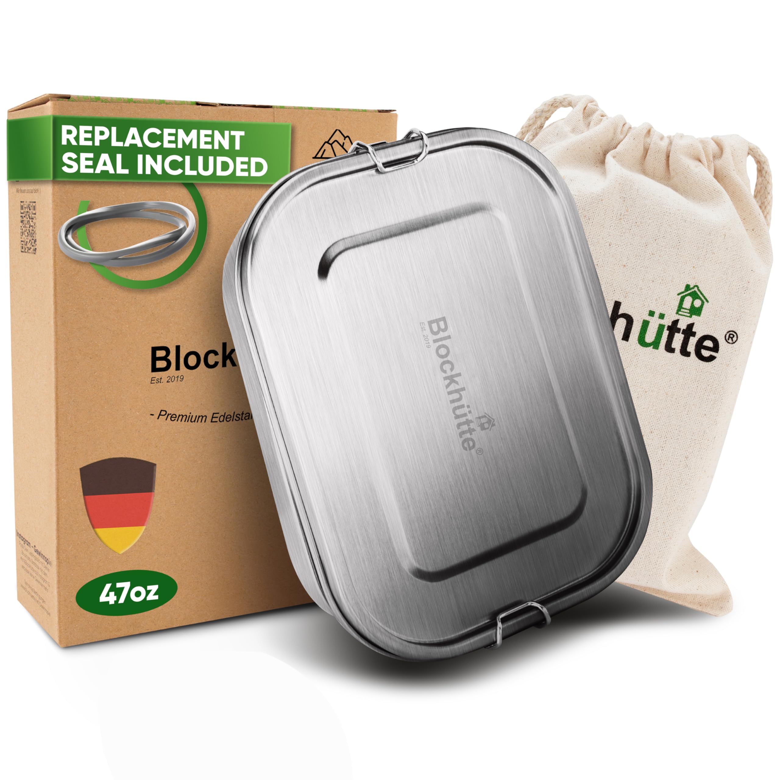Blockhuette 47oz stainless steel lunch box with three compartments, ideal for everyday meals on the go.