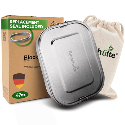 Blockhuette 47oz stainless steel lunch box with three compartments, ideal for everyday meals on the go.