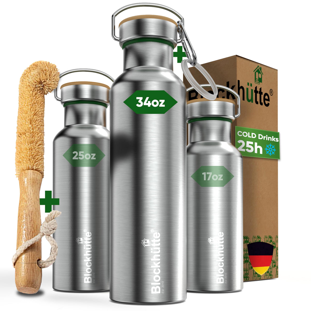 Blockhütte vacuum insulated bottle 34 oz with wide mouth for easy filling and cleaning