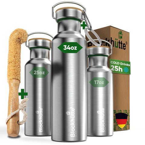 Blockhütte vacuum insulated bottle 34 oz with wide mouth for easy filling and cleaning