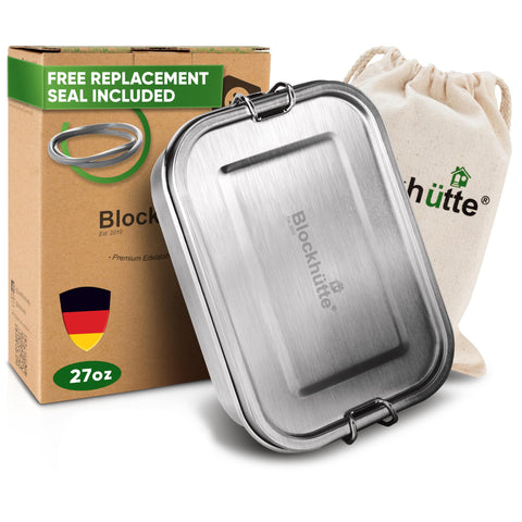 Blockhütte stainless steel lunch box with three compartments for organized meals on the go.