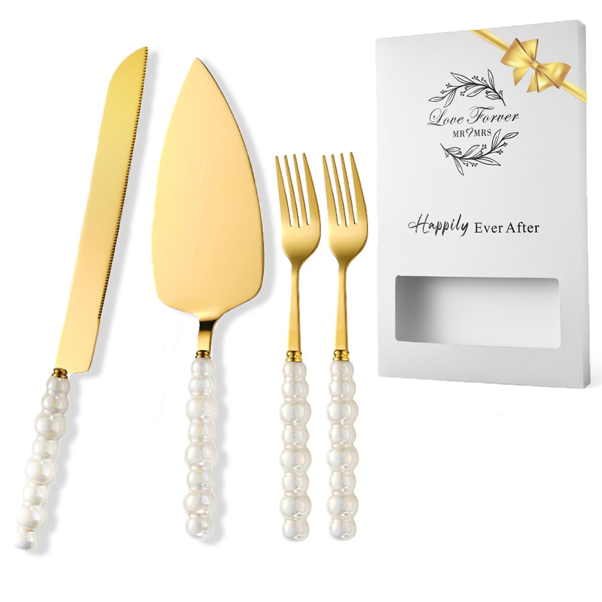 Bltnever wedding cake cutting set with pearl handle closeup, adds refined elegance to celebrations.