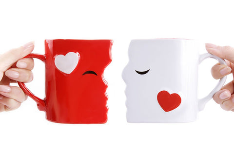 Blu Devil Kissing Mugs white and red colors for romantic beverages
