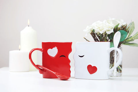 Blu Devil Kissing Mugs include matching spoons for easy stirring