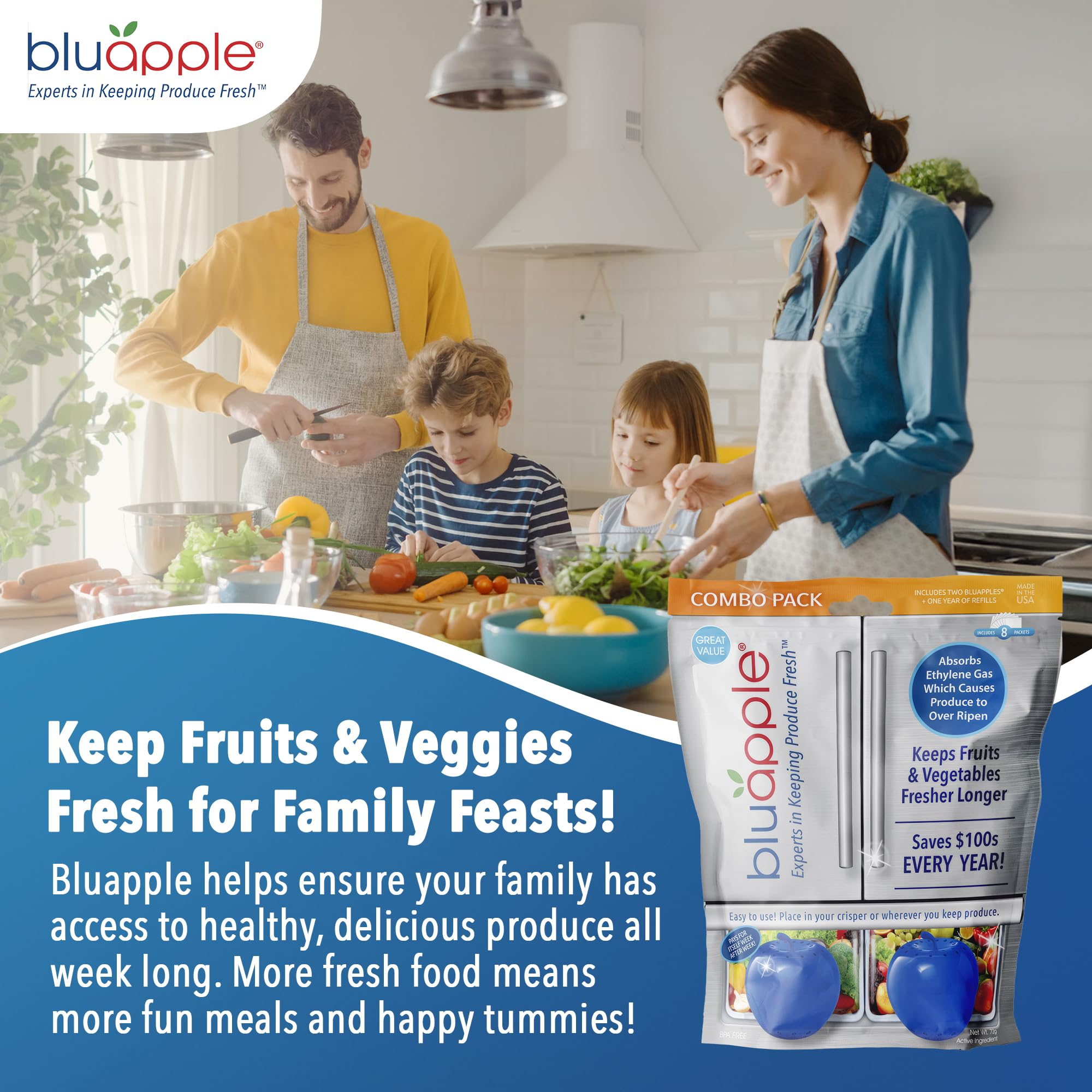 USA-made BPA-free BluApple promotes safe, reusable produce preservation.