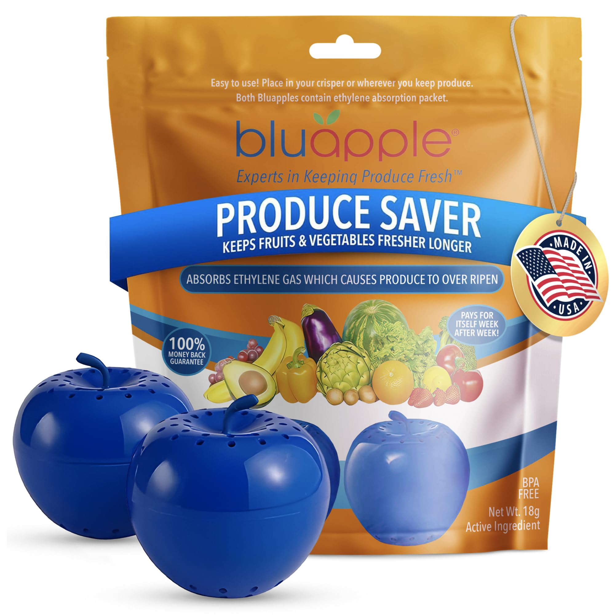 Bluapple Produce Saver 2-pack packaging keeps produce fresh longer.