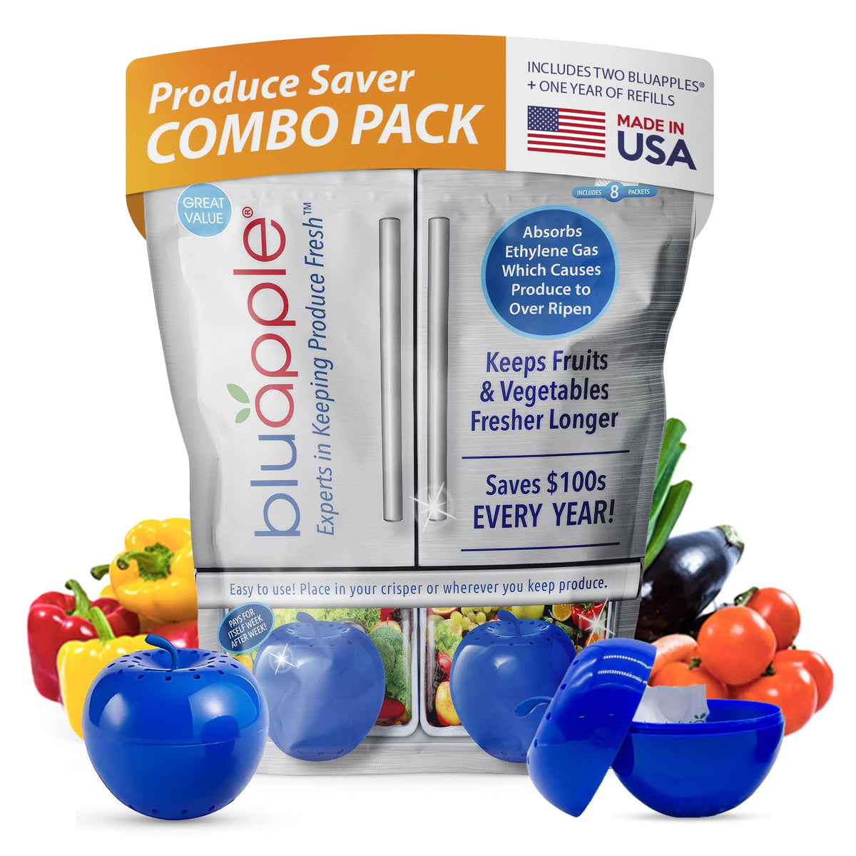 BluApple produce saver combo pack keeps produce fresh and reduces waste.
