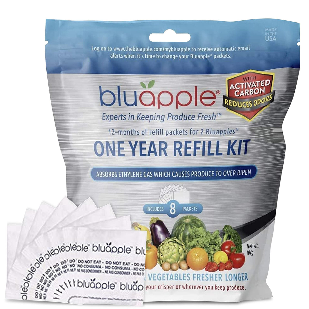 BluApple refill set with eight packets for extended freshness.