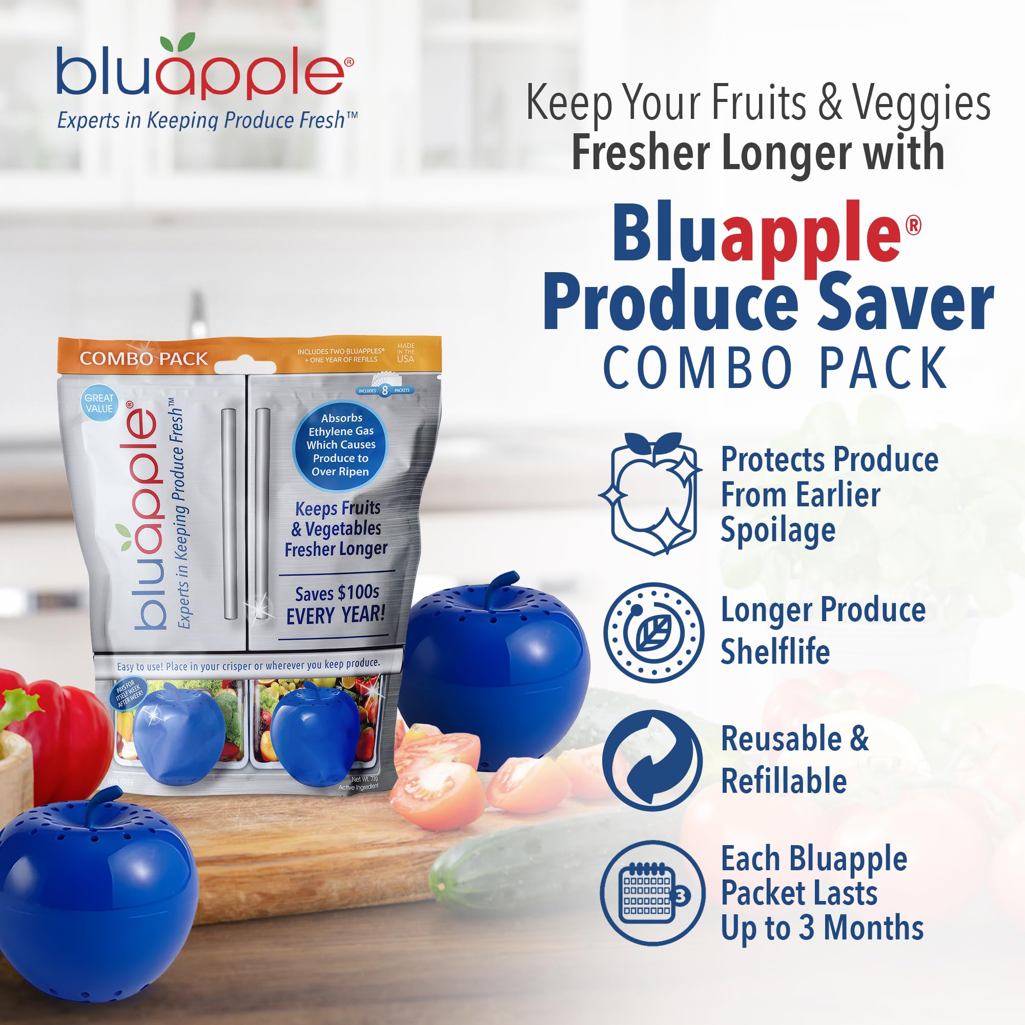 BluApple reusable BluApples extend freshness across multiple produce cycles.