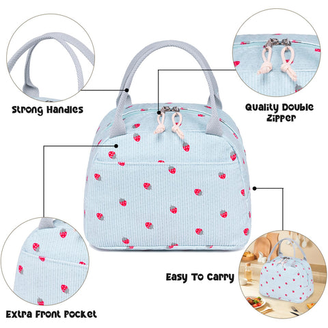 Bluboon corduroy lunch bag side view highlights portable design for picnics and commutes.
