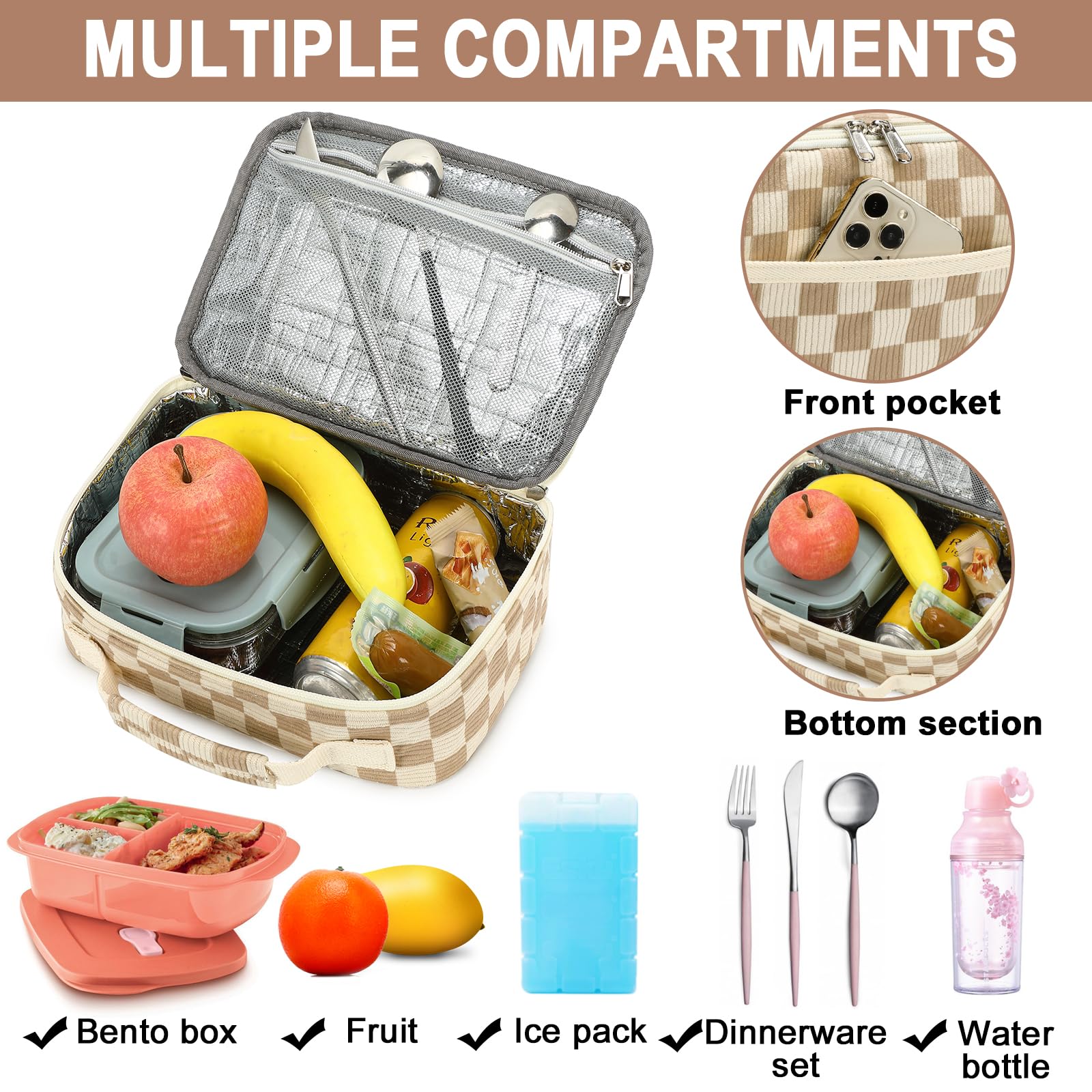 Bluboon insulated lunch bag interior features aluminum lining to keep contents cool.