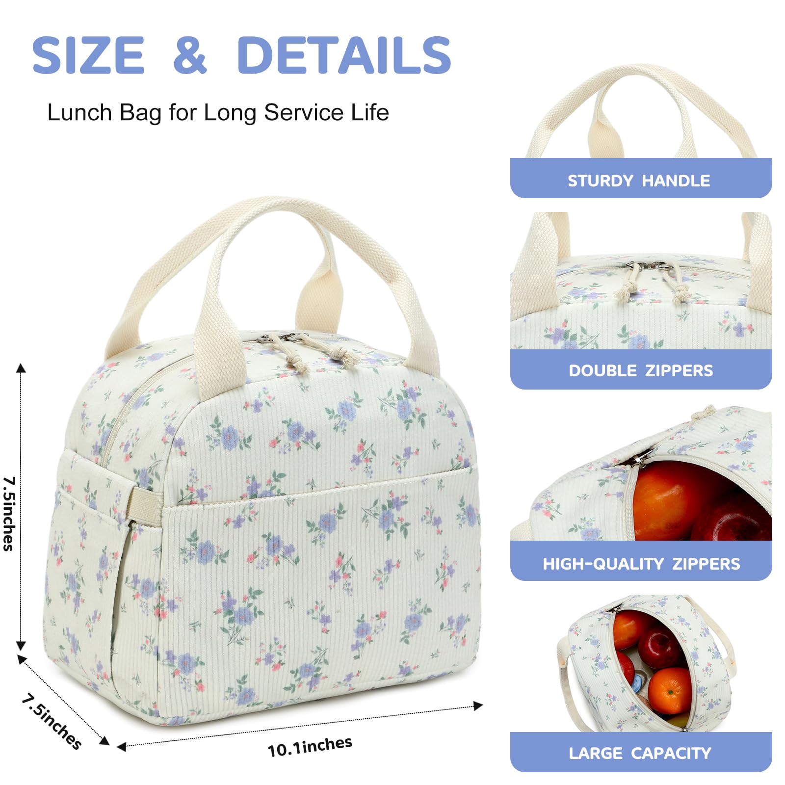 Bluboon corduroy lunch bag front pocket keeps keys and cards handy.