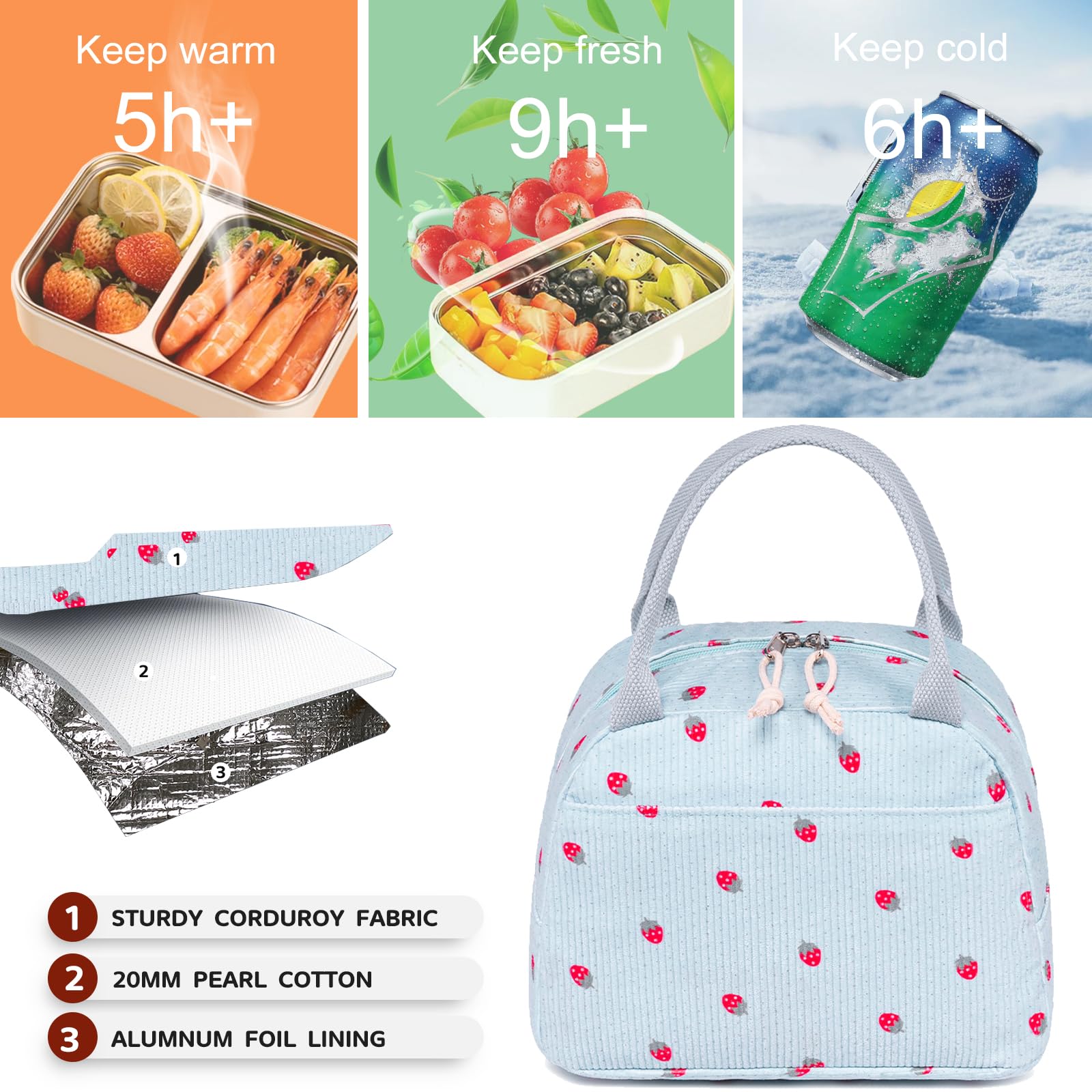 Bluboon lunch bag waterproof fabric protects contents in light rain.