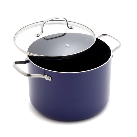 Blue Diamond 8QT stockpot with glass lid for easy monitoring during simmering.
