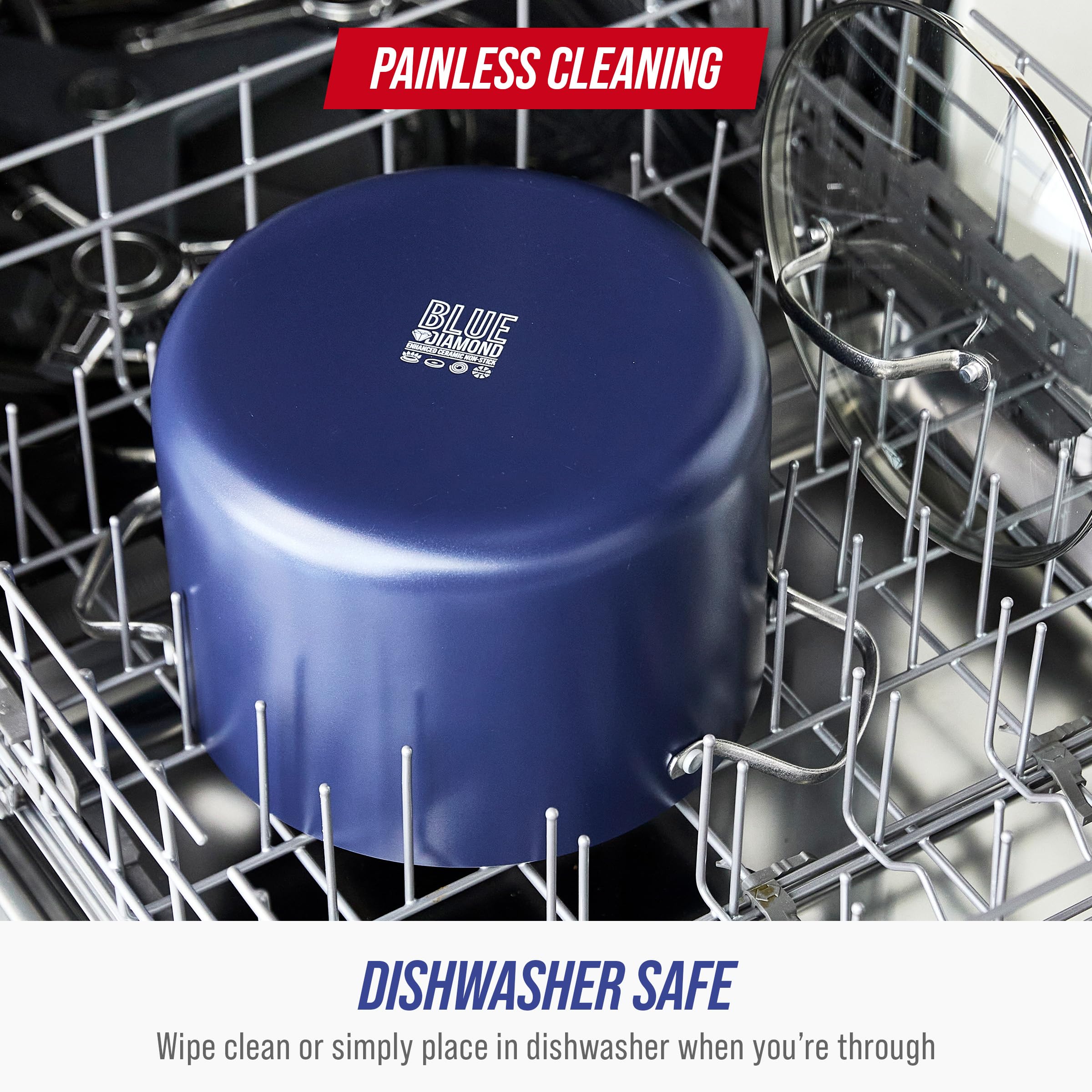 Blue Diamond dishwasher-safe design makes cleanup convenient after family meals.