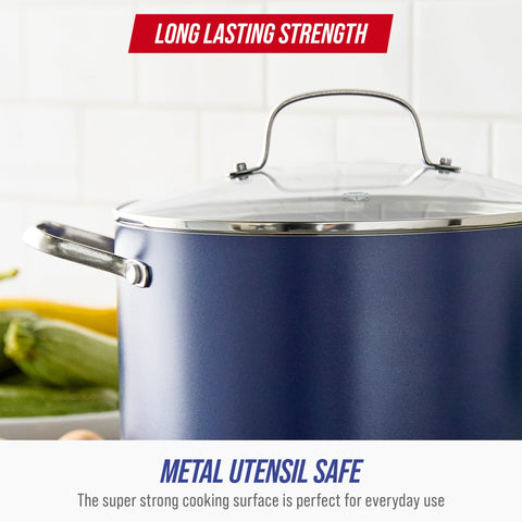 Blue Diamond stockpot supports versatile cooking like soups, pastas, and canning.
