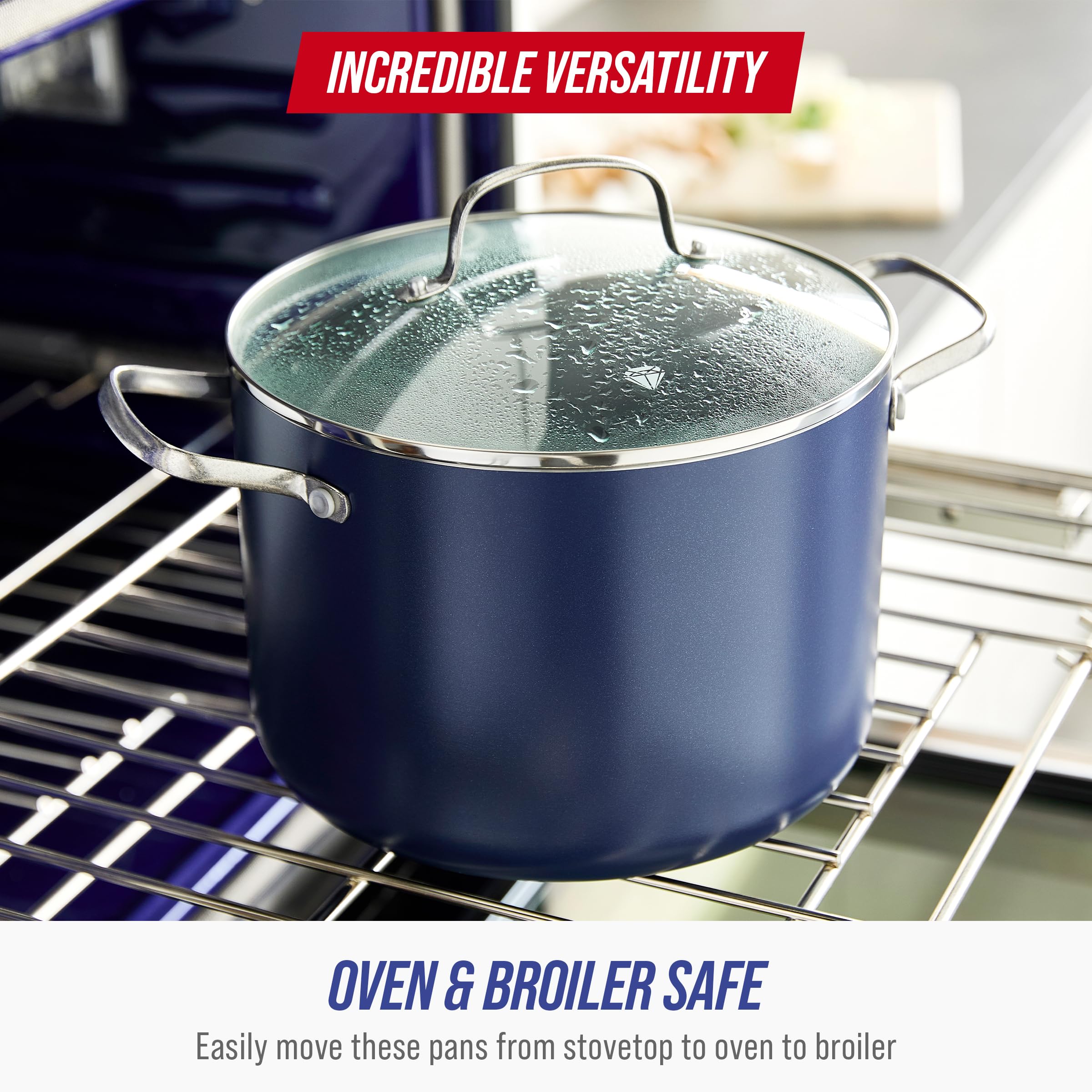 Blue Diamond oven-safe up to 600°F for finishing recipes in the oven.