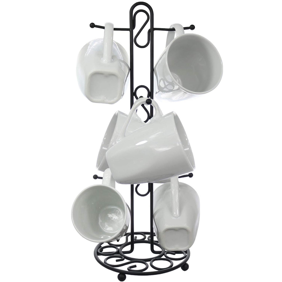 Blue Donuts farmhouse mug rack on counter displaying six mugs for easy access