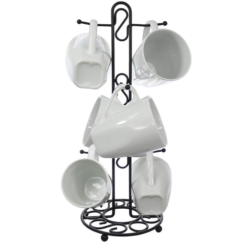 Blue Donuts farmhouse mug rack on counter displaying six mugs for easy access