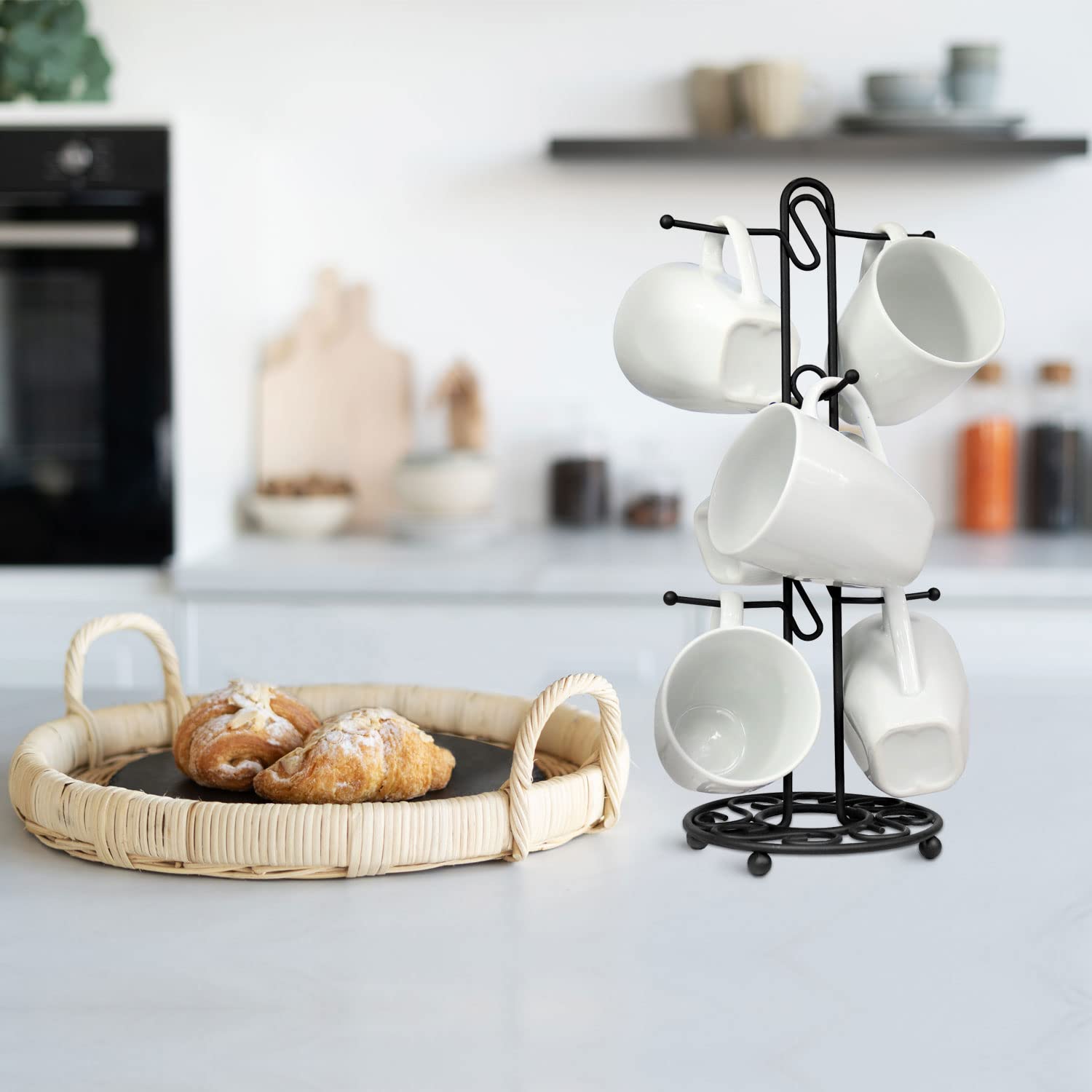 Blue Donuts farmhouse mug rack keeps mugs organized and display-ready