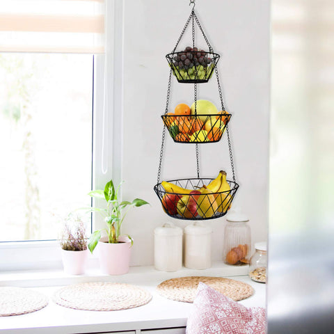 Blue Donuts Heavy Duty 3-Tier Hanging Basket in kitchen creates a stylish, three-tier fruit display.
