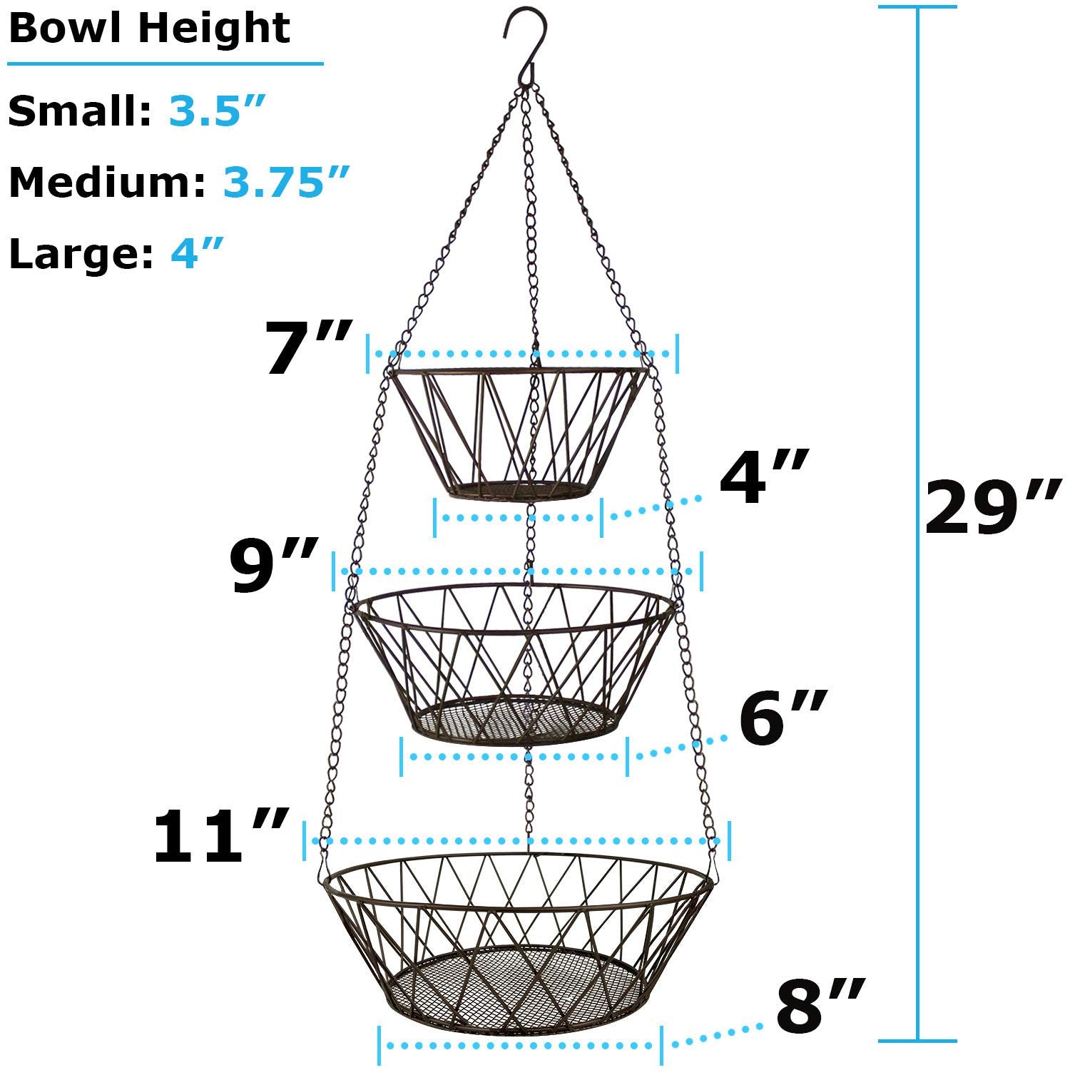 Blue Donuts hanging basket display showcases three tiers for flexible kitchen storage and decoration.