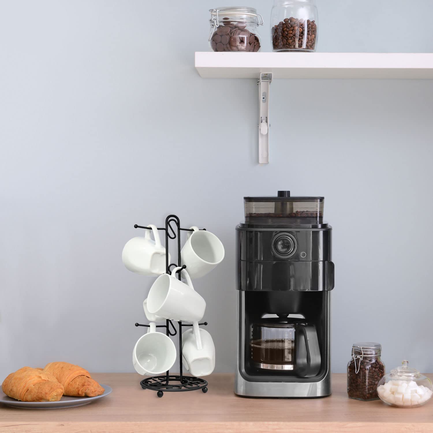 Blue Donuts mug rack requires no assembly for immediate use