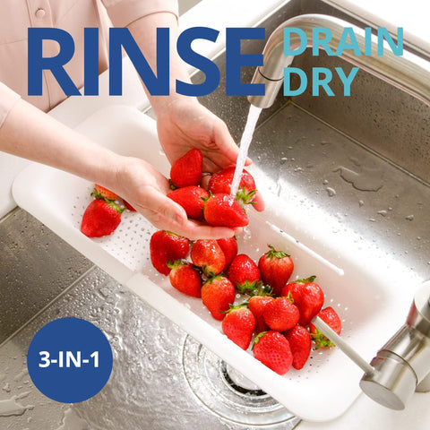 Blue Ginkgo colander doubles as a dish-drying basket for utensils.
