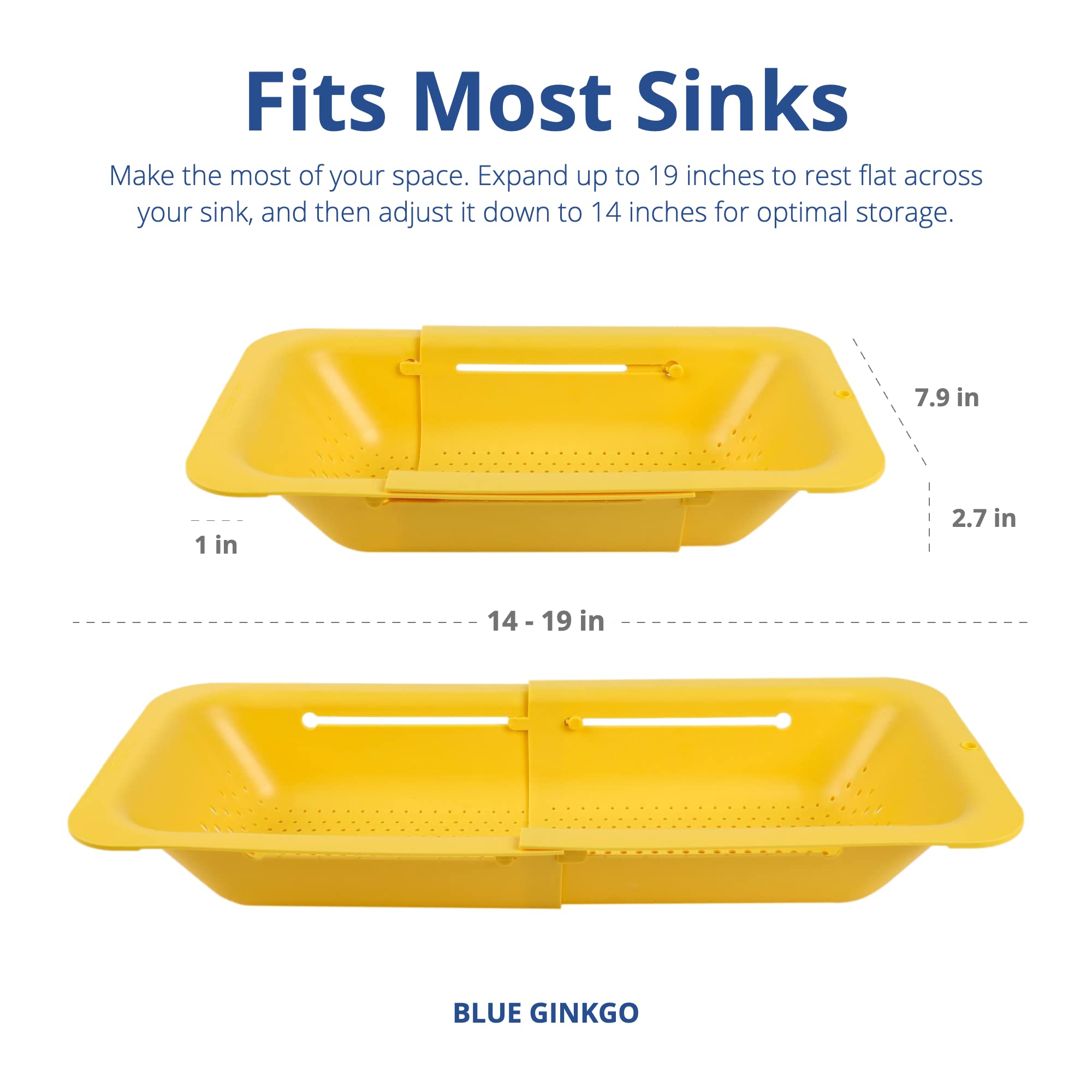 Blue Ginkgo colander ergonomic handle, comfortable grip for everyday kitchen use.