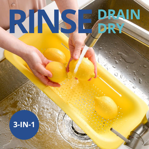 Blue Ginkgo colander fruit and vegetable rinse for quick washing and air drying.