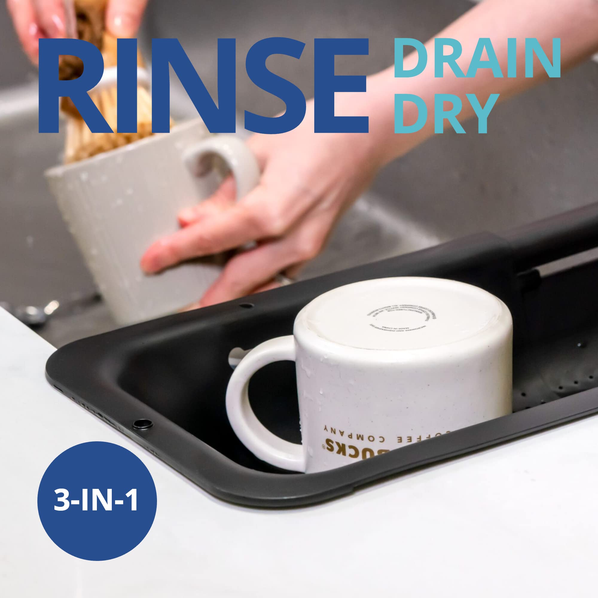 BLUE GINKGO extendable colander in sink drains pasta quickly and cleanly.