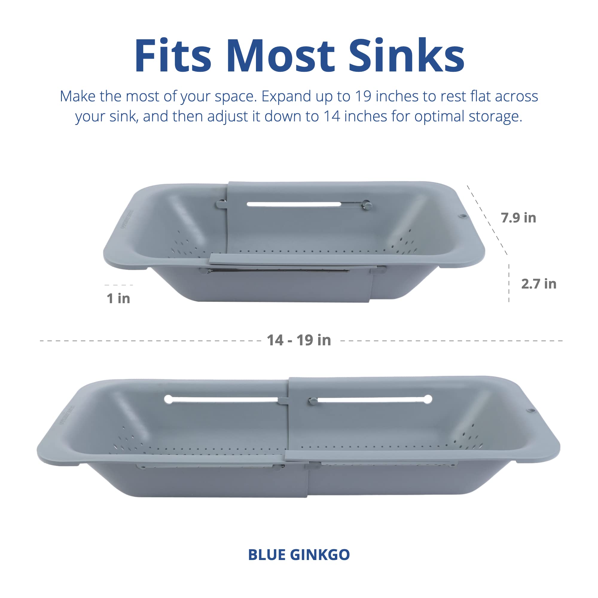 BLUE GINKGO expandable colander fits various sinks for flexible use.