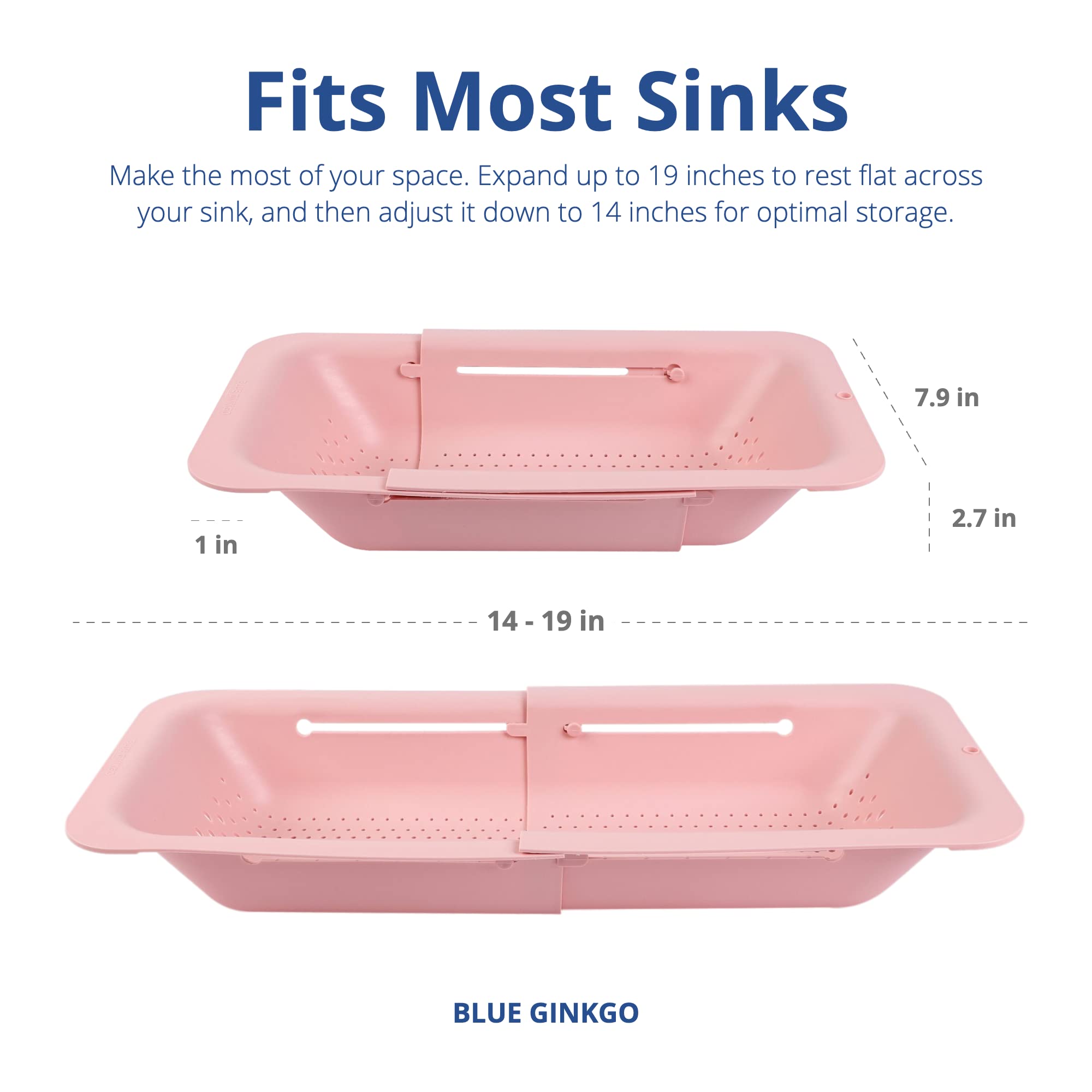 BLUE GINKGO Expandable colander pink fits larger sinks and saves counter space.