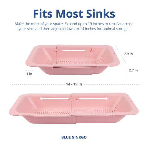 BLUE GINKGO Expandable colander pink fits larger sinks and saves counter space.