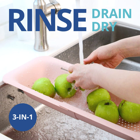 BLUE GINKGO Pasta drain basket pink raises pasta above water for clean draining.